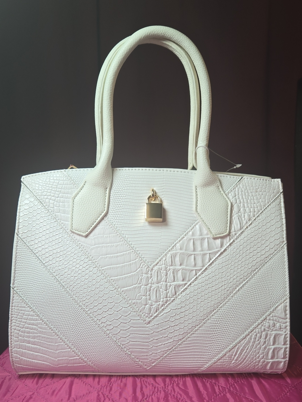 Elegant White Croc-Embossed Tote Handbag